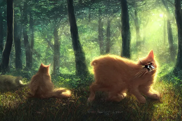 Image similar to cats in the forest, backlighting, digital art, trending on artstation, fanart, by wayne mclouglin, by kawacy