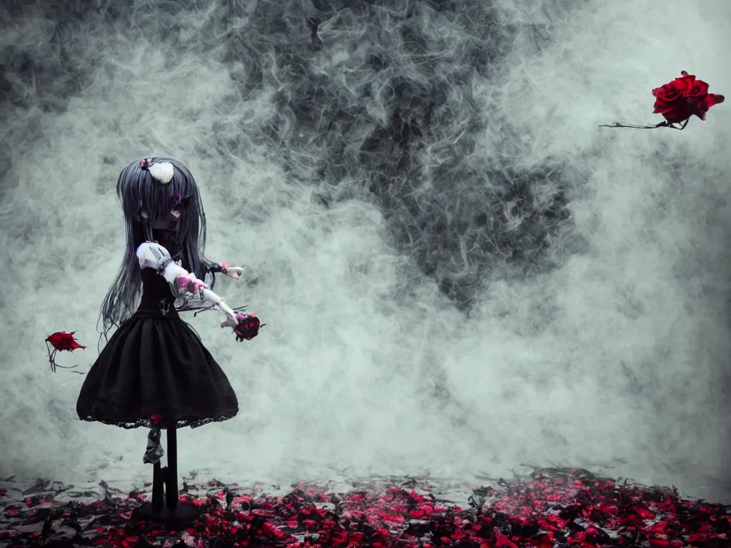 Image similar to cute fumo plush of a gothic maiden girl tossing lots of decayed roses into the air, stale twilight, dust particles in sunbeams, swirling vortices of emissive smoke and volumetric fog over the river, bokeh, 5 0 mm, vignette, vray