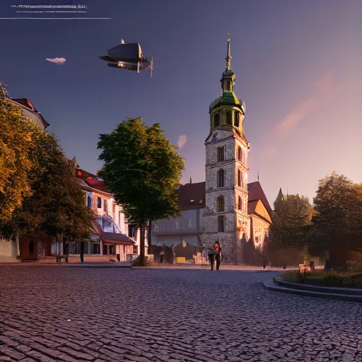 Image similar to a beautiful hyper realistic photo of banska stiavnica in summer, cobblestone pavement, with old houses and few trees in sunset, sky, ufo in sky, v - ray, octane render, unreal engine, by greg rutkowski and james gurney, artstation