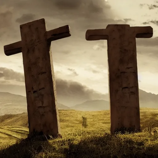 Prompt: cinematic still of three crosses on calvary hill, miraculous cloudy backdrop, Biblical epic movie directed by Peter Jackson, wallpaper, hd