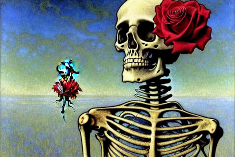Prompt: realistic detailed portrait painting of a skeleton with a single rose wearing sci-fi helmet in a dystopian landscape by Jean Delville, Amano, Yves Tanguy, Alphonse Mucha, Ernst Haeckel, Edward Robert Hughes, Roger Dean, rich moody colours, blue eyes