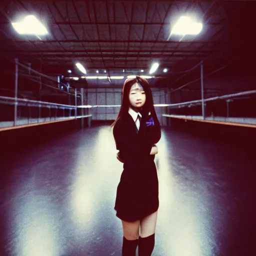 Image similar to 1990s perfect 8K HD professional cinematic photo of close-up japanese schoolgirl posing in dystopian hangar, at evening during rain, at instagram, Behance, Adobe Lightroom, with instagram filters, depth of field, taken with polaroid kodak portra