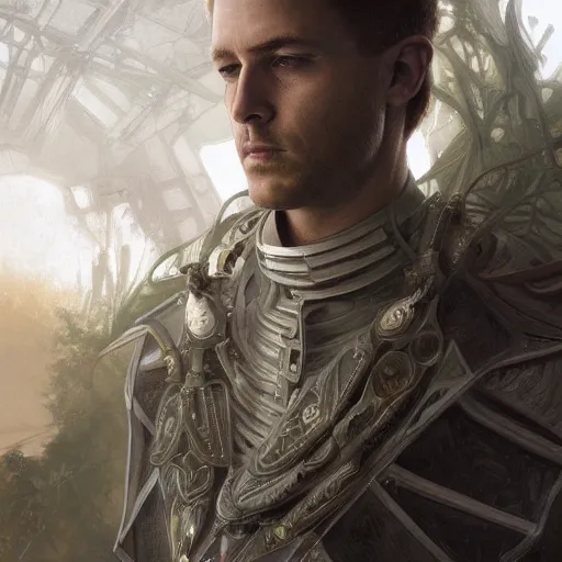 Prompt: A white male of the Gallente race in Eve-Online inside a station of green and silver metal, gorgeous, beautiful, intricate, highly detailed, digital painting, artstation, oppressive lighting, sci-fi concept art, sharp focus, illustration, art by greg rutkowski and alphonse mucha