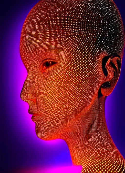 Image similar to ( isometric view, beautiful woman queen chess piece ( top bioluminescence ) ( bottom parametric ) ), beautiful face, reflection of led lights, algorithmic, intricate detail, futuristic, very detailed, highly detailed background, sharpfocus, photorealism, soft diffuse autumn lights, some sun light ray, dark room wall, canon 5 d 5 0 mm lens