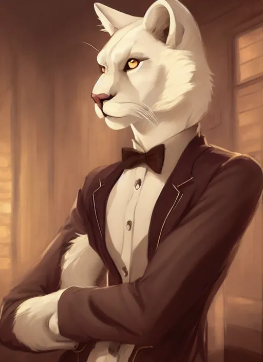 Image similar to beautiful portrait commission of a male furry anthro albino mountain lion wearing a dress shirt in an old-timey Saloon. Atmospheric. Character design by charlie bowater, ross tran, artgerm, and makoto shinkai, detailed, inked, western comic book art