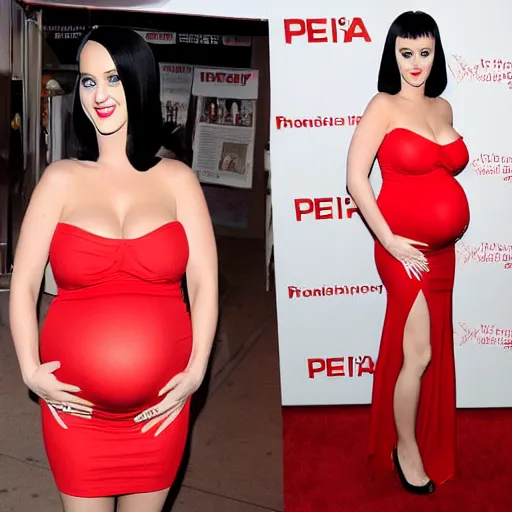 Image similar to Pregnant Katy Perry in a red dress at a movie premiere, paparazzi photograph