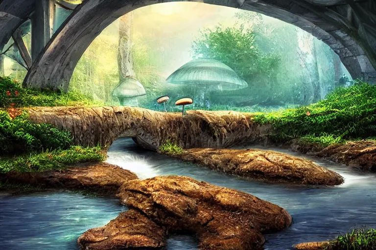 Image similar to giant glowing mushrooms next to a small bridge, flowing water, digital art, scenic,