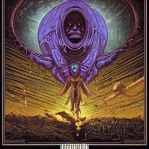 Prompt: seti alien announcement by dan mumford and gustave dore