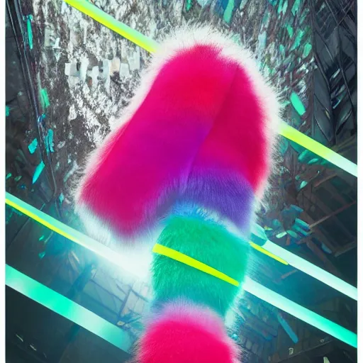 Image similar to poster nike shoe made of very fluffy colorful faux fur placed on reflective surface, professional advertising, overhead lighting, heavy detail, realistic by nate vanhook, mark miner