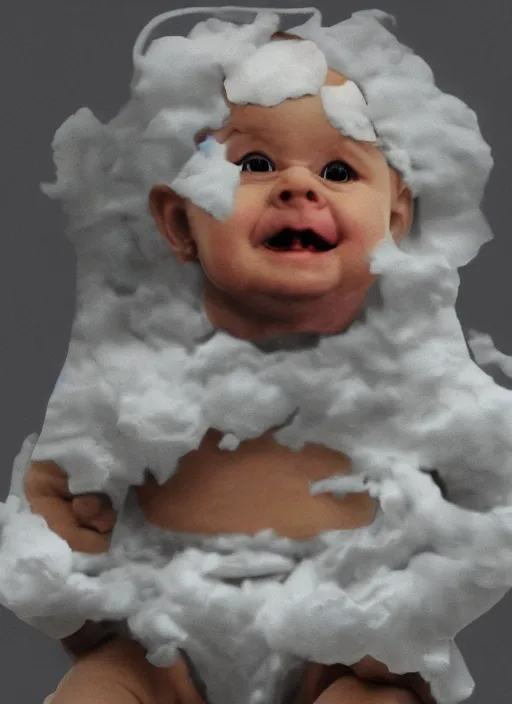 Image similar to a potato photo of Putin as a mentally challenged baby dissolving into diapers, 4k, trending on artstation, Norman Saunders