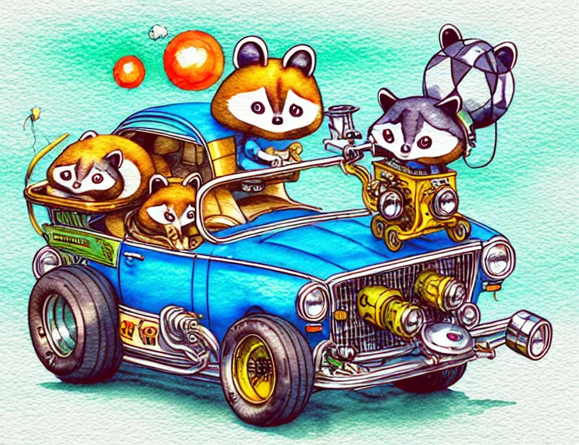 Image similar to cute and funny, racoon riding in a tiny hot rod with oversized engine, stickshift, ratfink style by ed roth, centered award winning watercolor pen illustration, isometric illustration by chihiro iwasaki, edited by range murata, tiny details by artgerm and watercolor girl, symmetrically isometrically centered