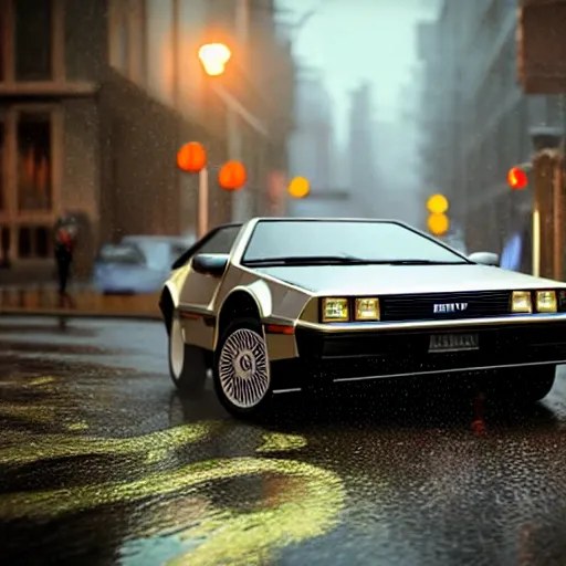 Image similar to hyperdetailed, photorealistic photograph of a dmc 1 2 delorean driving in the streets, rain, night, dense fog, hd, unreal engine 5 by greg rutowski, by stanley artgerm, by alphonse mucha