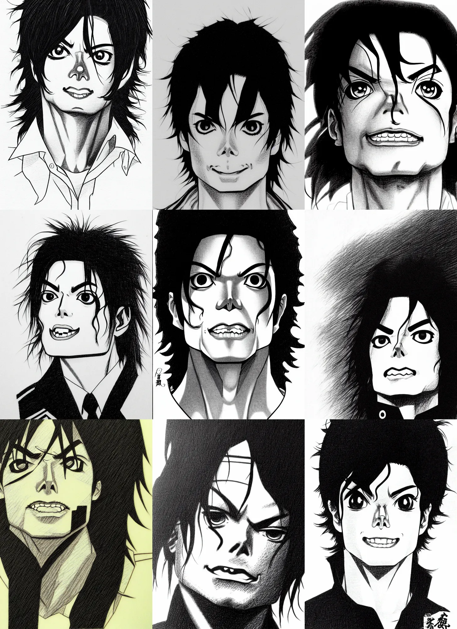 Prompt: pencil manga michael jackson head macro portrait manga random angle, by masamune shirow