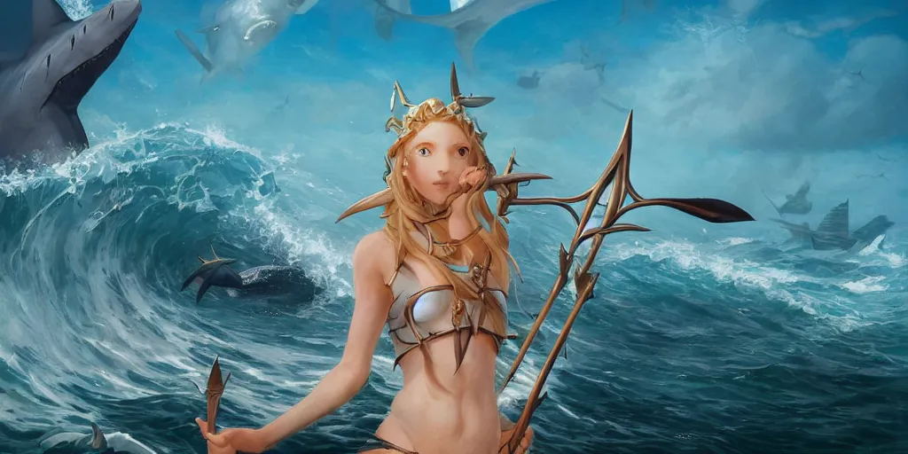 Prompt: close up of a beautiful shark tooth girl holding a trident on the horizon, model pose, slightly smiling, big wave, big blade whale fighting against thorn sharks on the background, fantasy illustrations, by peter mohrbacher and makoto shinkai and ferdinand knab