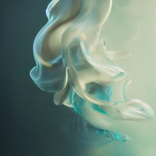 Prompt: A beautiful form made of pale blue smoke in the style of Aldo Katayanagi + Thick Milky Smoke + Mother Of Pearl +Milk and ink+ Iridescent smoky Elements + Moody Cinematic Lighting + Deep Shadows + Hyper Realistic + Maximalist Composition + Intricate Eldritch tendrils + 8K portrait + fluid dynamics
