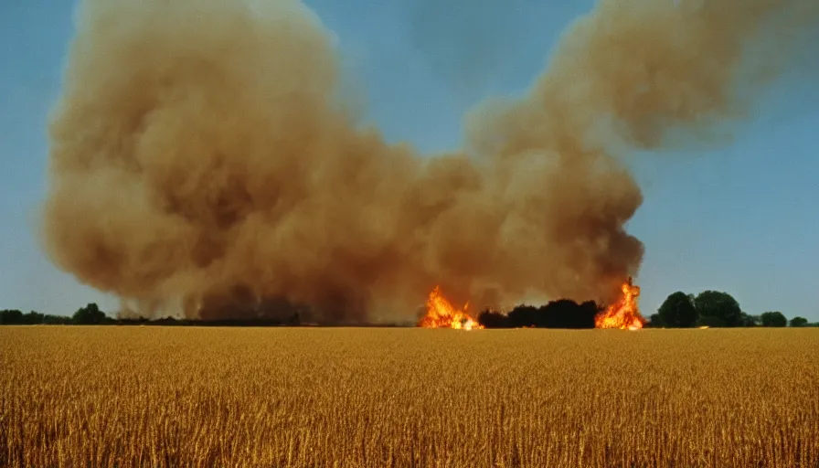 Image similar to 1 9 7 0 s movie still of a heavy burning french house in a wheat field, cinestill 8 0 0 t 3 5 mm, high quality, heavy grain, high detail, texture, dramatic light, ultra wide lens, panoramic anamorphic, hyperrealistic