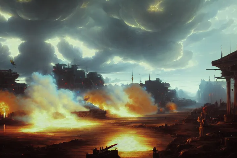 Image similar to baroque oil painting of anime key visual environment concept art of anime rail canon artillery firing at enemy lines, smoke debris, grimdark steampunk fantasy, battlefield, trending on artstation, brush strokes, oil on canvas, style of makoto shinkai and greg rutkowski and studio ghibli