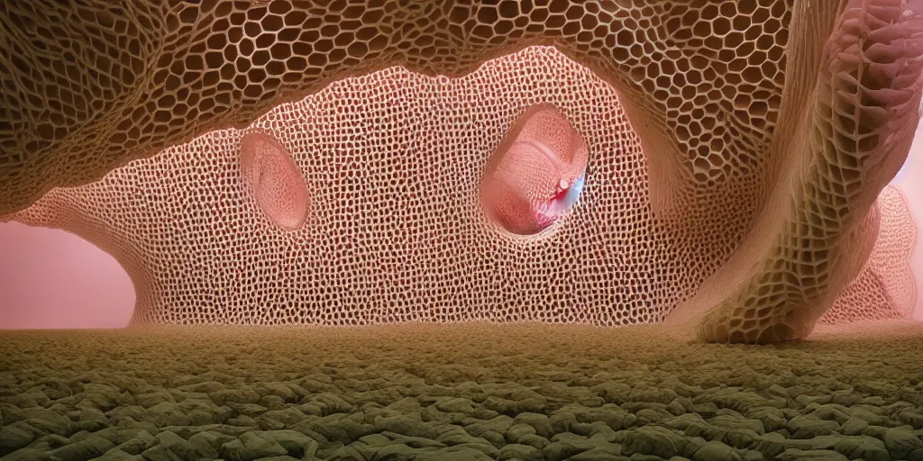 Image similar to biomorphic honeycomb structures by ernesto neto, light - mint with light - pink color, 4 k, insanely quality, highly detailed, film still from the movie directed by denis villeneuve with art direction by zdzisław beksinski, telephoto lens, shallow depth of field