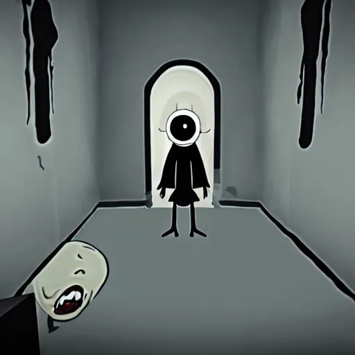 Image similar to new monster of little nightmares, placed in a bloody hall, body parts, heads, legs, arms,