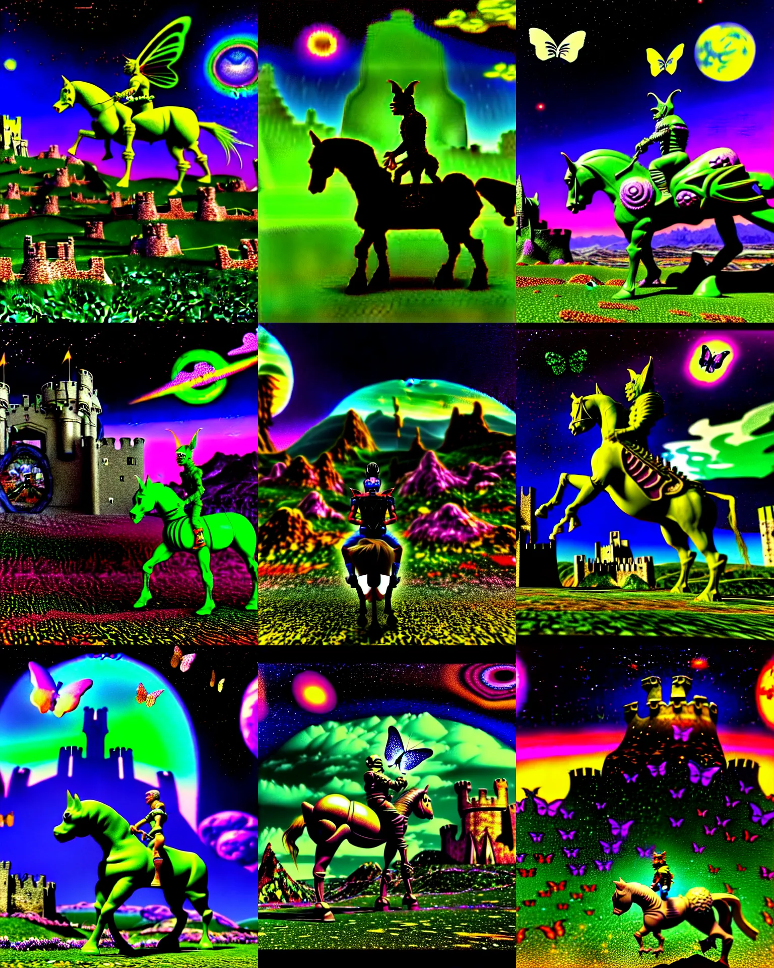 Prompt: 3 d render of cyborg goblin riding a horse standing in cybernetic mountain landscape with castle ruins against a psychedelic surreal background with 3 d butterflies and 3 d flowers n the style of 1 9 9 0's cg graphics against the cloudy night sky, lsd dream emulator psx, 3 d rendered y 2 k aesthetic by ichiro tanida, 3 do magazine, wide shot