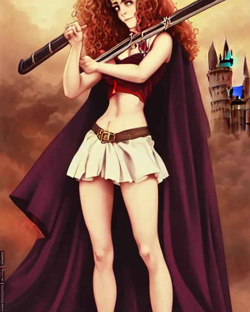 Prompt: pinup photo of hermione granger by emma watson in the crowded square of hogwarts, asuna by a - 1 pictures, by peter mohrbacher, gil elvgren, enoch bolles, glossy skin, pearlescent, anime, very coherent, sao style anime, flat