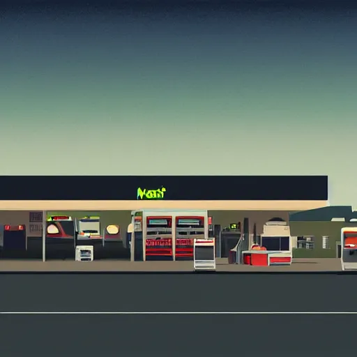 Prompt: a matte painting of a gas station at night by emiliano ponzi, james gilleard, george ault, david hockney, atey ghailan, albert namatjira, marius borgeaud, minimalist, bauhaus, retrofuturism, postminimalism, concept art, matte background, matte drawing, magical realism, space art, generative art