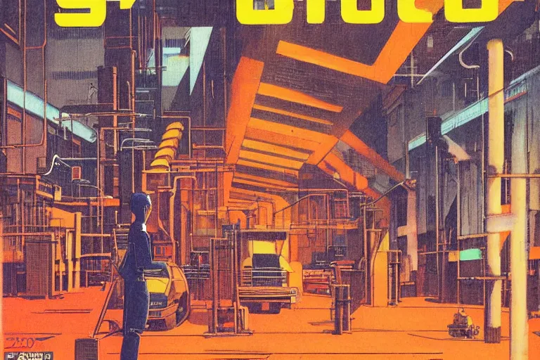 Prompt: 1979 Popular science Magazine Cover of a warehouse in neo-Tokyo in cyberpunk style by Vincent Di Fate