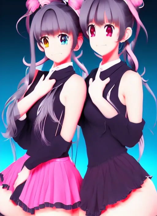 Image similar to two beautiful mature idols performing on stage, twintails, gorgeous faces, smooth, thick lines, cinematic lighting, detailed anime art