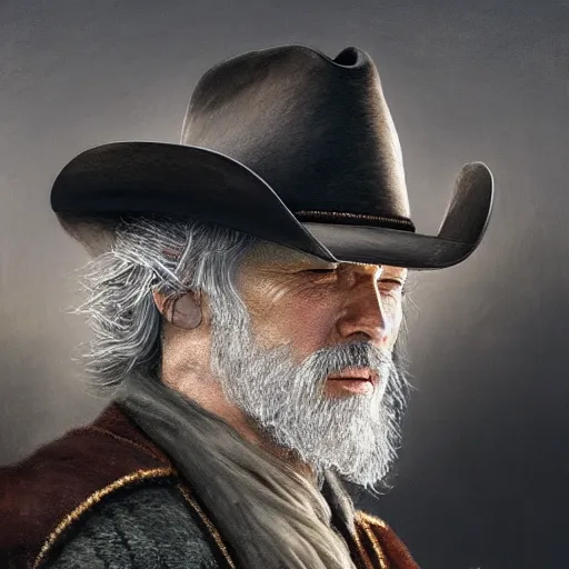 Image similar to portrait of a man with a long duster, grey hair and a cowboy hat walking in a western town, hard good looking face, middle aged, drawn by Ruan Jia, fantasy art, dramatic lighting, digital art, 8k, highly detailed