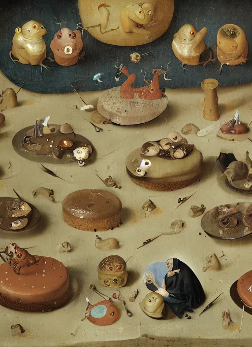 Image similar to a bunch of geckos eating cakes painted by hieronymous bosch, detailed digital art, trending on Artstation