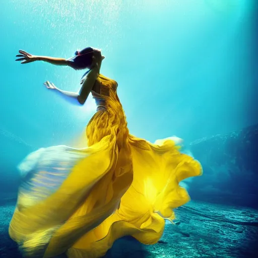 Image similar to woman dancing underwater wearing a flowing dress made of blue, magenta, and yellow seaweed, delicate coral sea bottom, swirling silver fish, swirling smoke shapes, unreal engine, caustics lighting from above, cinematic, hyperdetailed