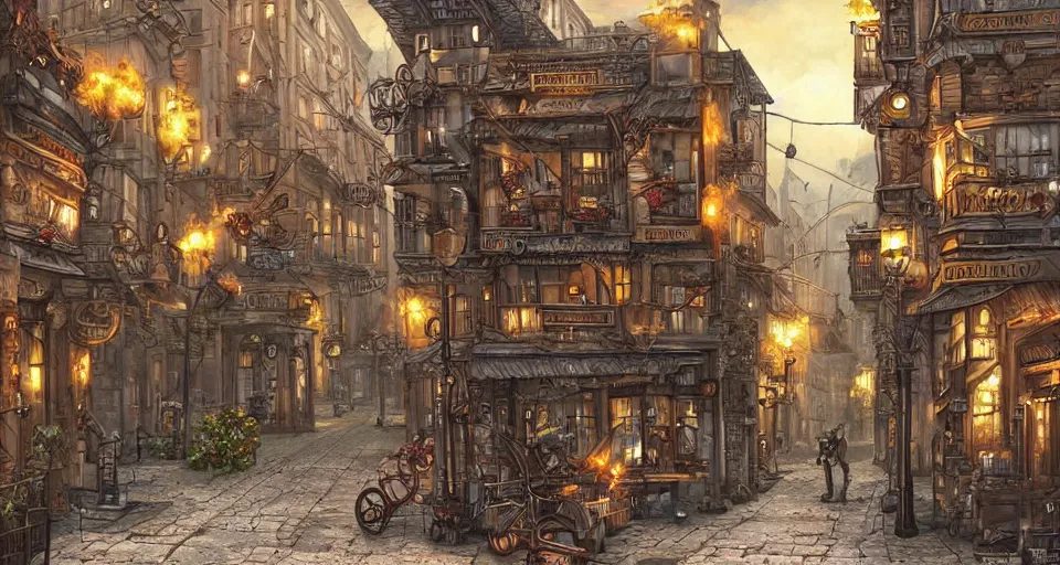 Image similar to steampunk city streets by guido borelli da caluso, trending on artstation