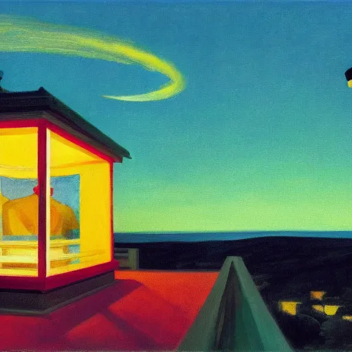 Image similar to beautiful lit lanterns flying in the night sky, edward hopper art style, 4 k