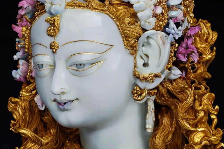 Image similar to full head and shoulders, beautiful female, colourful porcelain sculpture, hindu god, with lots of ornate gold leaf, attached to head by daniel arsham and james jean, on a white background, delicate facial features,