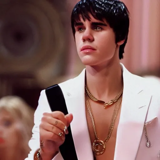 Image similar to film still of Justin Bieber as Tony Montana in Scarface remake 2029