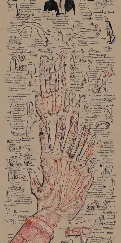 Prompt: anatomy of a hands, diagrams, map, marginalia, sketchbook, old script, inhabited initials, pastel infographic by Wes Anderson and victo ngai