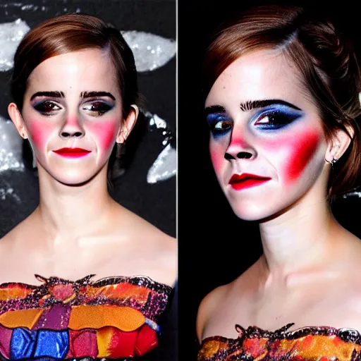 Image similar to emma watson. beautiful clown makeup.