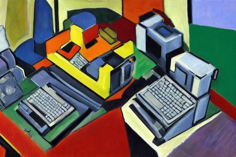 Image similar to still life painting of vintage computers by Henri Matisse, oil on canvas, strong lighting, highly detailed, hyper realism, HD, 4K