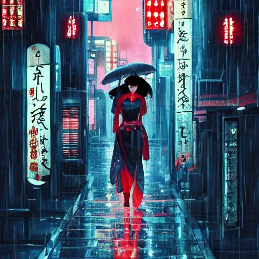 Image similar to geisha in a cyberpunk rainy city at night with a torii in the background, high quality, high detail, 4K, UHD, trending on ArtStation, blade runner vibes, ghost in the shell