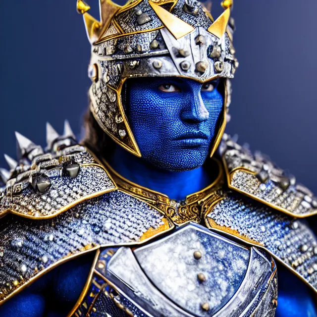 Image similar to full body photo of a beautiful cute strong warrior king wearing sapphire encrusted armour, highly detailed, 8 k, hdr, smooth, sharp focus, high resolution, award - winning photo