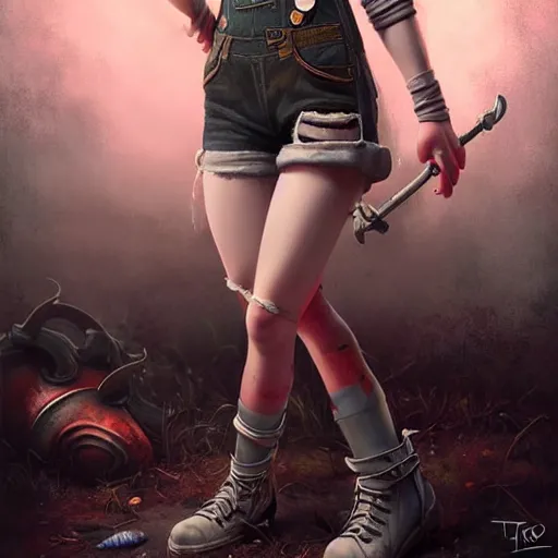 Image similar to full body pose, grungy ciri, torn overalls, short shorts, combat boots, fishnets, beautiful, highly detailed face, true anatomy!, extremely detailed!, digital painting, unreal engine 5, art by tom bagshaw