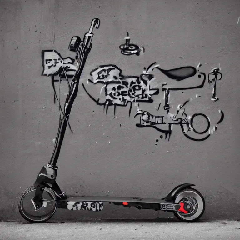 Prompt: a painting of a electro scooter in style of banksy, grayscale, high detailed, street-art, graffiti