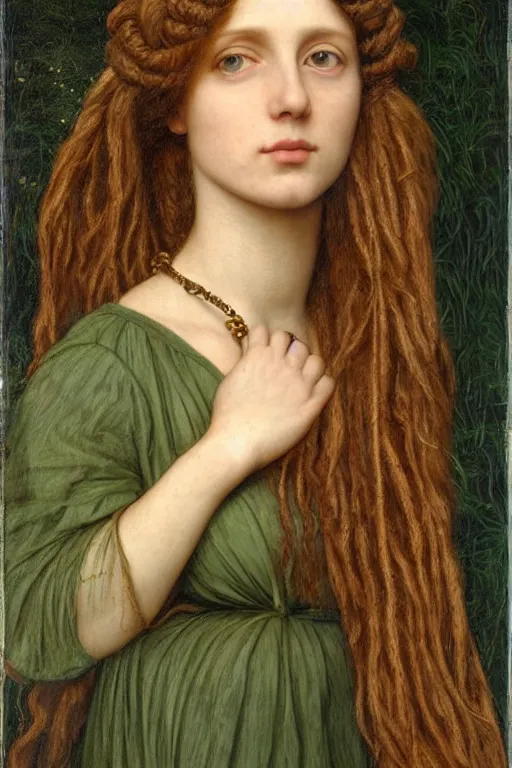 Prompt: Pre-Raphaelite portrait of a young, beautiful woman engineer with blond dreadlocks