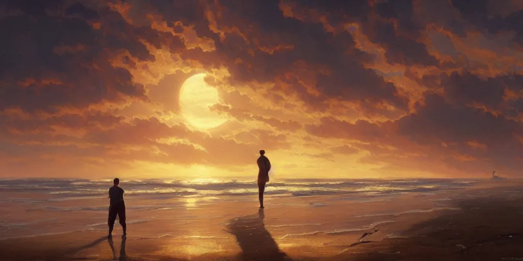 Image similar to a man watching sunset on a beach with a planet's surface covering most of the sky, intricate, highly detailed, digital painting, trending on artstation, concept art, smooth, illustration, cinematic lighting, art by artgerm and greg rutkowski and alphonse mucha