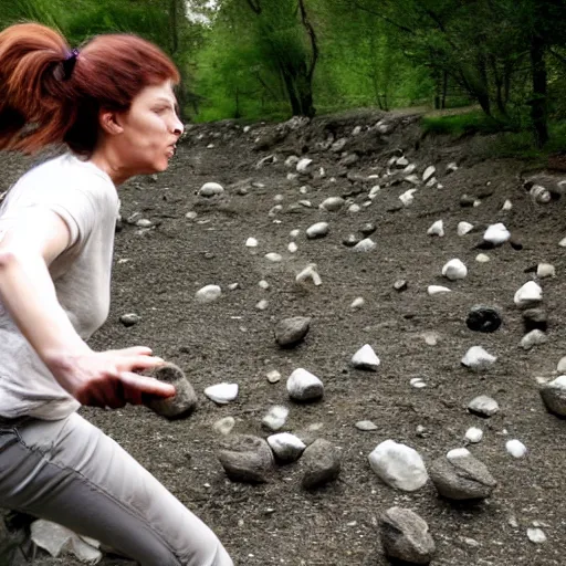 Image similar to morbid woman throwing rocks action sequence