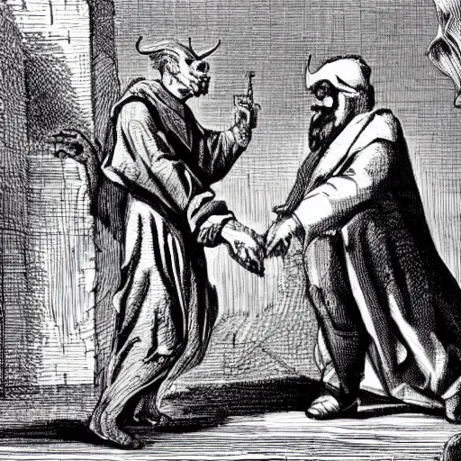 Image similar to A devil tempts a man with sin.