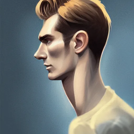 Image similar to tall man in his twenties with brown blond short quiff hair and thin slightly round facial structure with cleft chin, straight eyebrows and prominent nose, good definition of cheekbones, big hazel nut brown eyes, narrow face, slim body, atmospheric lighting, painted, intricate, 4 k, highly detailed by charlie bowater