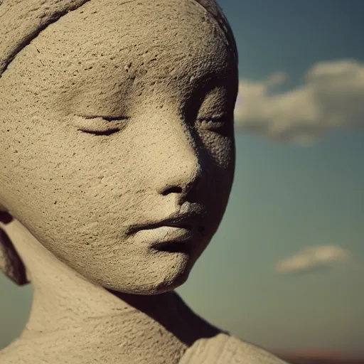 Image similar to a girl made out of clay surrounded by a biomorphic clouds in rolling hills, 5 0 mm lens, f 1. 4, sharp focus, ethereal, emotionally evoking, head in focus, volumetric lighting, 8 k