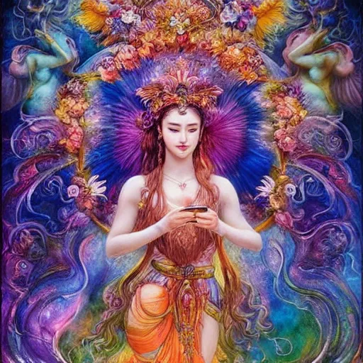 Image similar to goddess of nature checking her phone, magic realism, art by josephine wall, art by huang guangjian, art by viktoria gavrilenko, art by amanda sage, trending on artstation ( ( ( album ) ) ) ( ( ( panels ) ) )