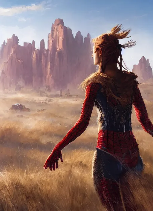 Prompt: Aloy, SPIDERMAN standing confidently, desert in the background, natural lighting, digital painting, concept art, smooth, sharp focus, illustration, single character full body, rule of thirds, from Horizon: Zero Down, by Ruan Jia and Mandy Jurgens and Greg Rutkowski and Artgerm and William-Adolphe Bouguerea